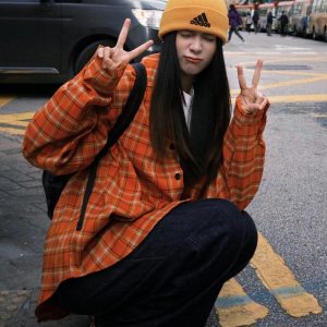 Women's American Plaid Long Sleeve Shirt with Polo Collar, Loose Casual Spring Jacket for Sun Protection, Couples Style