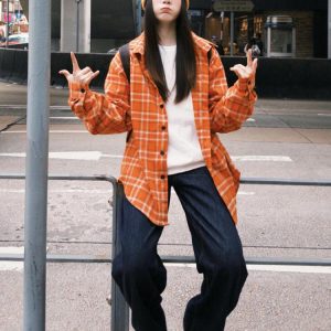 Women's American Plaid Long Sleeve Shirt with Polo Collar, Loose Casual Spring Jacket for Sun Protection, Couples Style