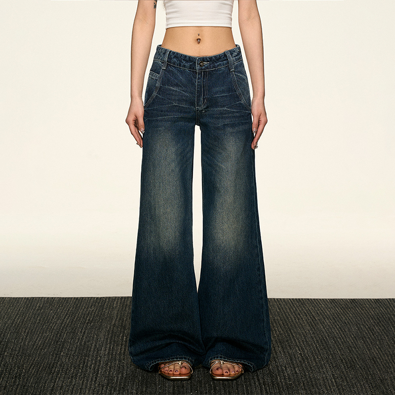 Women's American Retro Blue Flared Jeans - Loose Straight Wide-Leg Pants for Spring 2025, Trendy Korean Style