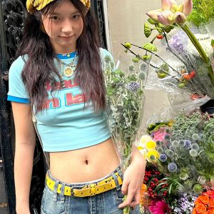 Women's American Retro Color-Blocked Short T-Shirt - Summer Pure Cotton, Slim Fit, Trendy Shoulder Top, Casual Fashion