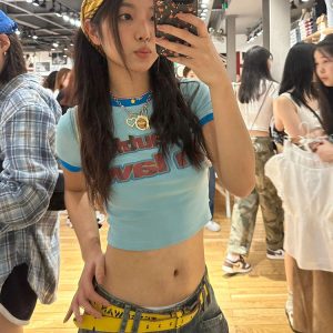 Women's American Retro Color-Blocked Short T-Shirt - Summer Pure Cotton, Slim Fit, Trendy Shoulder Top, Casual Fashion