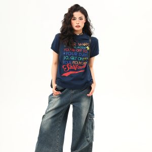 Women's American Retro Letter Print Round Neck T-Shirt - Casual Short Sleeve Summer Top - Trendy 90s Style