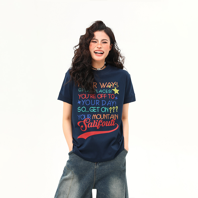 Women's American Retro Letter Print Round Neck T-Shirt - Casual Short Sleeve Summer Top - Trendy 90s Style