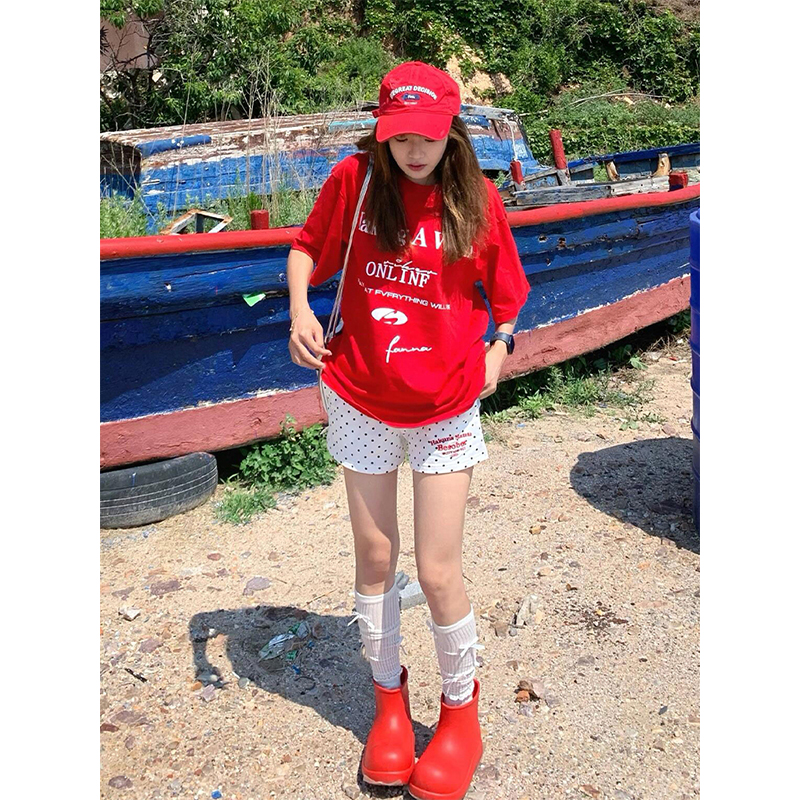 Women's American Retro Letter Print T-Shirt, Heavyweight Cotton Short Sleeve, Trendy Clean Fit Red Top for Summer Style