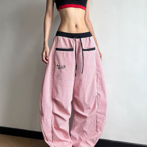 Women's American Retro Pink Striped Wide-Leg Pants - Summer 2025 Casual Curved Knife Street Style