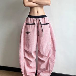 Women's American Retro Pink Striped Wide-Leg Pants - Summer 2025 Casual Curved Knife Street Style