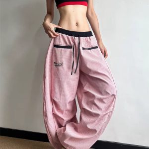 Women's American Retro Pink Striped Wide-Leg Pants - Summer 2025 Casual Curved Knife Street Style