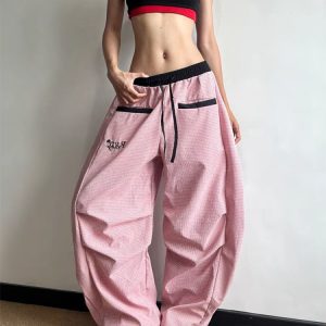 Women's American Retro Pink Striped Wide-Leg Pants - Summer 2025 Casual Curved Knife Street Style