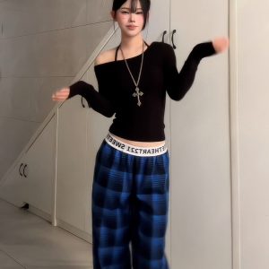 Women's American Retro Plaid Casual Wide-Leg Pants with Letter Belt, Draped Floor-Length Trousers, Loose Fit Fashion Trousers