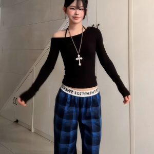 Women's American Retro Plaid Casual Wide-Leg Pants with Letter Belt, Draped Floor-Length Trousers, Loose Fit Fashion Trousers
