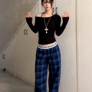 Women's American Retro Plaid Casual Wide-Leg Pants with Letter Belt, Draped Floor-Length Trousers, Loose Fit Fashion Trousers