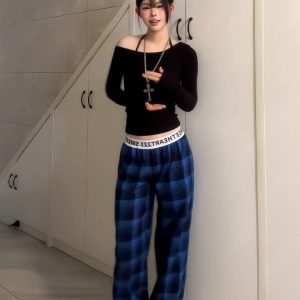 Women's American Retro Plaid Casual Wide-Leg Pants with Letter Belt, Draped Floor-Length Trousers, Loose Fit Fashion Trousers