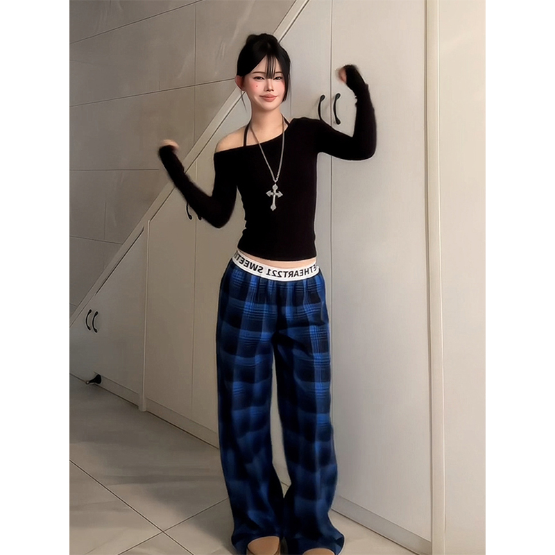 Women's American Retro Plaid Casual Wide-Leg Pants with Letter Belt, Draped Floor-Length Trousers, Loose Fit Fashion Trousers