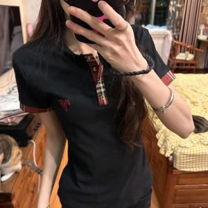 Women's American Retro Plaid Patchwork Embroidered Letter Short Sleeve Cropped T-Shirt - Summer Slim Fit Y2K Style