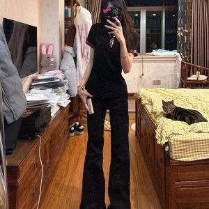 Women's American Retro Plaid Patchwork Embroidered Letter Short Sleeve Cropped T-Shirt - Summer Slim Fit Y2K Style