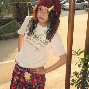 Women's American Retro Shoulder T-Shirt - Summer White Ink Print, Loose Casual Top, Round Neck Short Sleeve, Trendy Summer Fashion