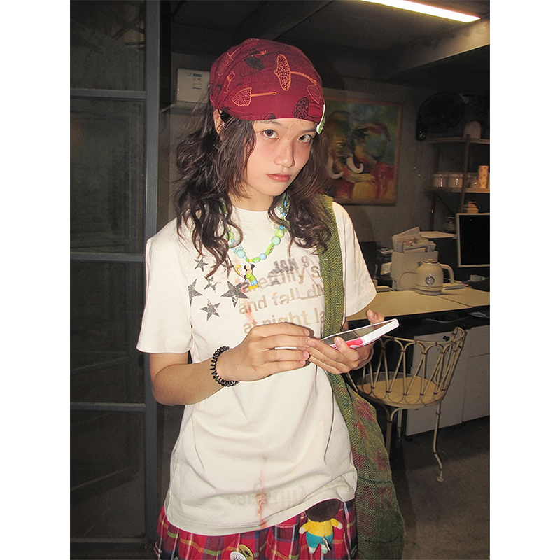 Women's American Retro Shoulder T-Shirt - Summer White Ink Print, Loose Casual Top, Round Neck Short Sleeve, Trendy Summer Fashion