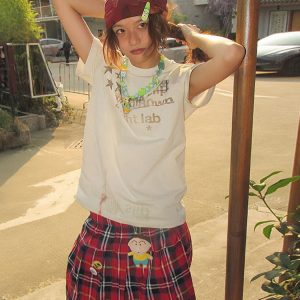 Women's American Retro Shoulder T-Shirt - Summer White Ink Print, Loose Casual Top, Round Neck Short Sleeve, Trendy Summer Fashion