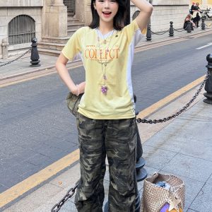 Women’s American Retro Sports Jersey Style T-Shirt - Summer Color-Blocking, Shoulder-Stitched, V-Neck, Slim-Fit Trendy Top