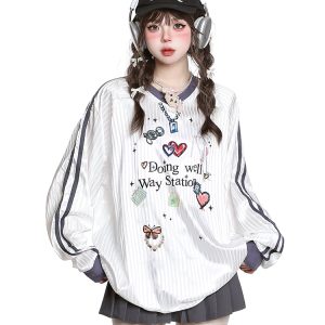 Women's American Style Casual V-Neck Jersey Sweatshirt - Loose Long Sleeve Pullover for Spring Outfits