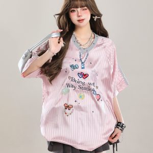 Women's American Style Casual V-Neck Jersey Sweatshirt - Loose Long Sleeve Pullover for Spring Outfits