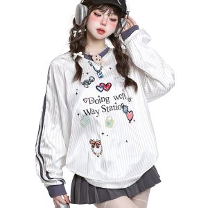 Women's American Style Casual V-Neck Jersey Sweatshirt - Loose Long Sleeve Pullover for Spring Outfits