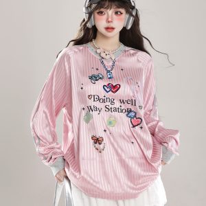 Women's American Style Casual V-Neck Jersey Sweatshirt - Loose Long Sleeve Pullover for Spring Outfits