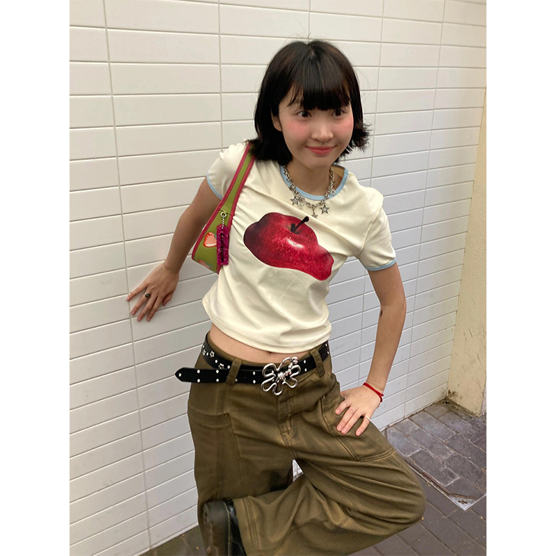 Women's American-Style Cropped T-Shirt with Apple Print, Color-Blocked Neckline, Pure Cotton, Short Sleeves, Slim Fit, Trendy Summer Fashion