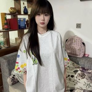 Women's American-Style Embroidered Floral Raglan Short Sleeve T-Shirt - Summer 2025 Unique Couple Outfit