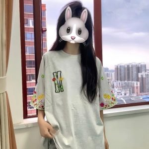 Women's American-Style Embroidered Floral Raglan Short Sleeve T-Shirt - Summer 2025 Unique Couple Outfit