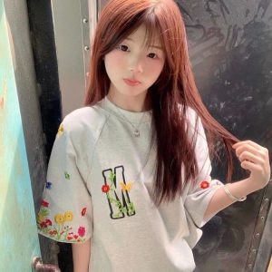 Women's American-Style Embroidered Floral Raglan Short Sleeve T-Shirt - Summer 2025 Unique Couple Outfit