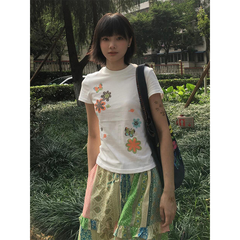 Women's American-Style Floral Print T-Shirt, Summer Short Sleeve, Vintage Slim-Fit Round Neck, Heavyweight White Top