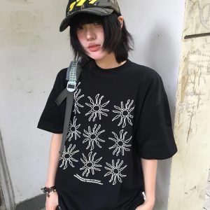 Women's American Style Heavy T-Shirt - Summer Sunflower Print, Versatile Black Short Sleeve Loose Casual Top