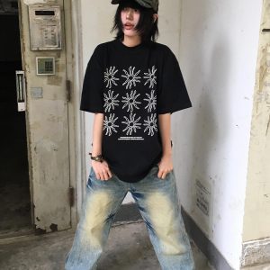 Women's American Style Heavy T-Shirt - Summer Sunflower Print, Versatile Black Short Sleeve Loose Casual Top