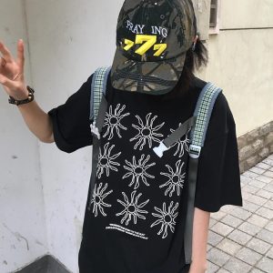 Women's American Style Heavy T-Shirt - Summer Sunflower Print, Versatile Black Short Sleeve Loose Casual Top