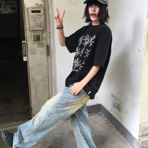 Women's American Style Heavy T-Shirt - Summer Sunflower Print, Versatile Black Short Sleeve Loose Casual Top