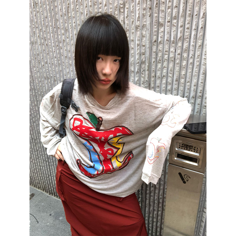 Women's American Style Long Sleeve T-Shirt, Apple Print Sun Protection Cover-Up, Loose Casual Summer Top