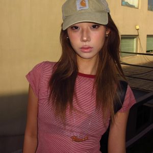 Women's American Style Off-Shoulder Striped T-Shirt, Slightly Sheer Short Sleeve Vintage Slim Fit Cropped Top for Summer