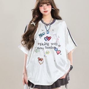 Women's American-Style Printed V-Neck Short Sleeve T-Shirt, Summer 2025 Jersey Design, Sweet Girl Loose Fit
