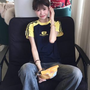 Women's American-Style Raglan Sleeve T-Shirt with Side Striped Letter Print, Slim Fit Summer Top, Casual Y2K Fashion