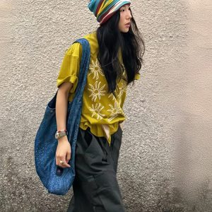 Women's American Style Summer Sunflower Print Short Sleeve T-Shirt, Heavyweight Round Neck Casual Tee, Loose Fit