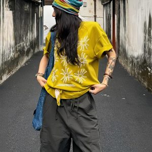 Women's American Style Summer Sunflower Print Short Sleeve T-Shirt, Heavyweight Round Neck Casual Tee, Loose Fit