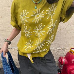 Women's American Style Summer Sunflower Print Short Sleeve T-Shirt, Heavyweight Round Neck Casual Tee, Loose Fit