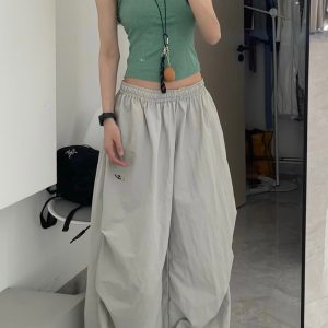 Women's American Vintage Cargo Pants - Summer Loose Casual Wide-Leg Parachute Pants with Drawstring, Hip-Hop Style