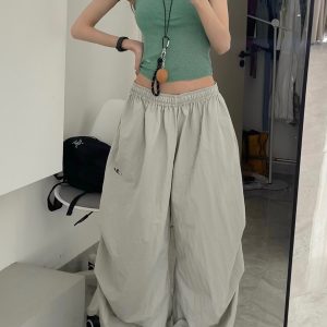 Women's American Vintage Cargo Pants - Summer Loose Casual Wide-Leg Parachute Pants with Drawstring, Hip-Hop Style