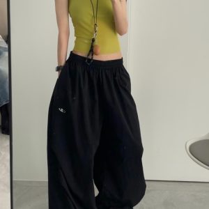 Women's American Vintage Cargo Pants - Summer Loose Casual Wide-Leg Parachute Pants with Drawstring, Hip-Hop Style