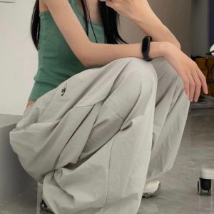 Women's American Vintage Cargo Pants - Summer Loose Casual Wide-Leg Parachute Pants with Drawstring, Hip-Hop Style