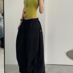 Women's American Vintage Cargo Pants - Summer Loose Casual Wide-Leg Parachute Pants with Drawstring, Hip-Hop Style