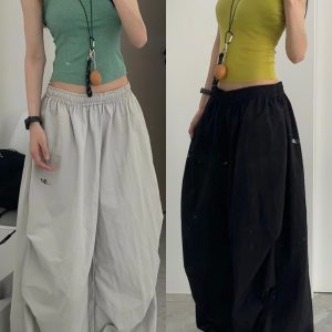 Women's American Vintage Cargo Pants - Summer Loose Casual Wide-Leg Parachute Pants with Drawstring, Hip-Hop Style
