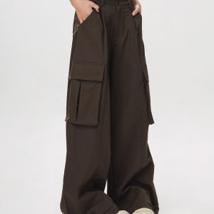 Women's American Vintage Multi-Pocket Wind Work Pants - Loose Straight Wide-Leg Trousers for Casual Y2K Style